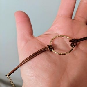 Artisan Hammered Gold Circle and Leather Bracelet
